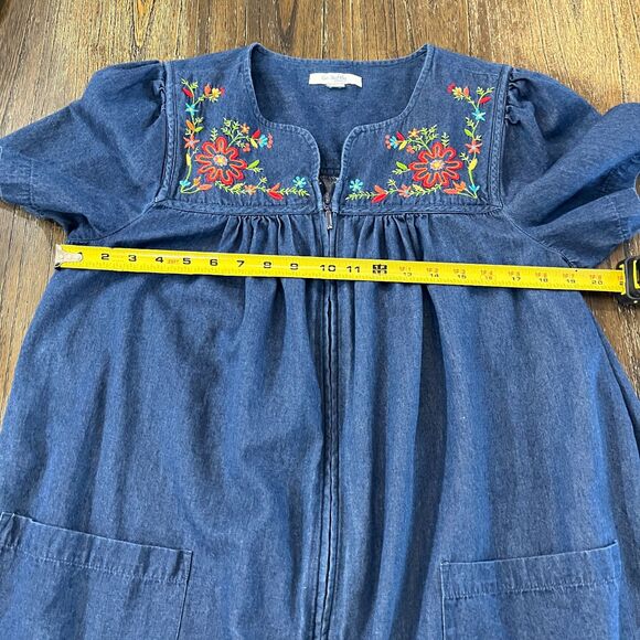 Go Softly Denim Embroidered Floral Zip Front Midi Patio Dress – Size M - Picture 10 of 12